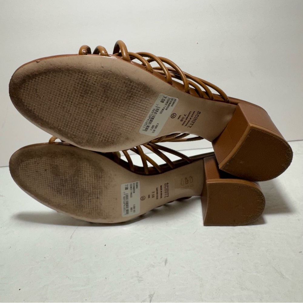 SCHUTZ Roanna Strappy Wood-Bead Brown Slide Block Heel Sandals Size 7.5 - Picture 11 of 14